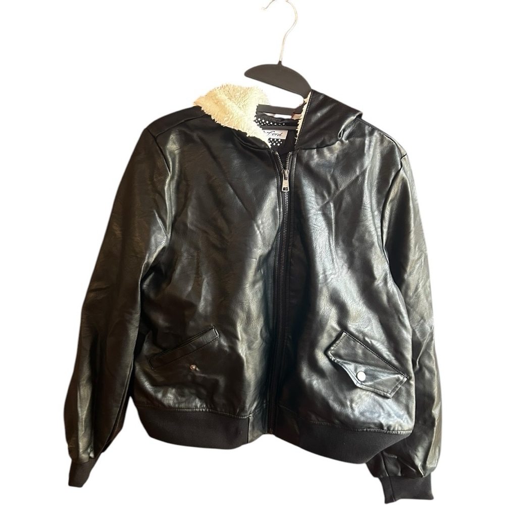 Alivia Ford black faux leather hooded bomber jacket Sz 1X